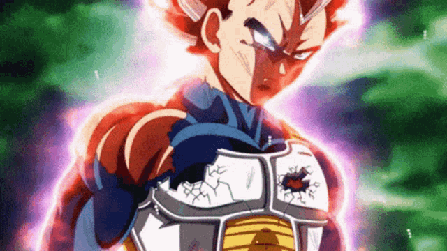 a close up of a cartoon character with a purple background and a purple armor .