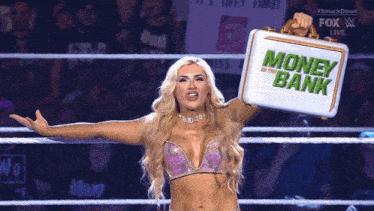 a woman in a bikini is holding a briefcase that says money bank