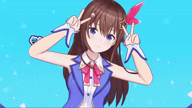 a girl in a blue dress giving the peace sign