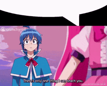 a crunchyroll advertisement with a blue haired anime character