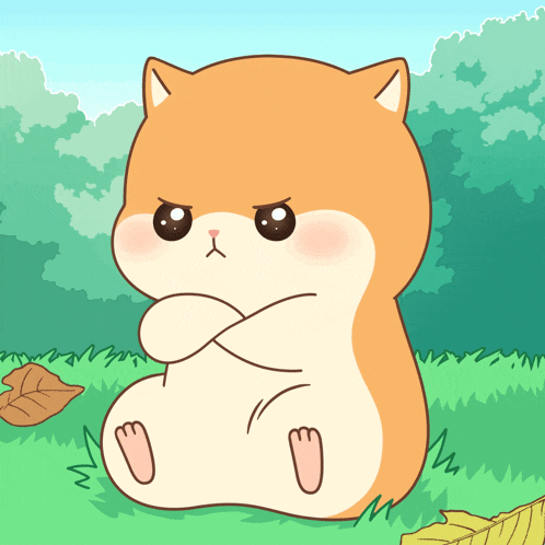 a cartoon drawing of a cat sitting in the grass with its arms crossed