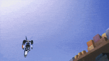 a robot is flying through a blue sky with boxes in the background
