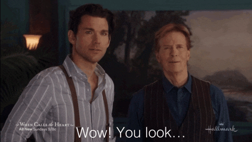 a hallmark ad for when calls the heart shows two men