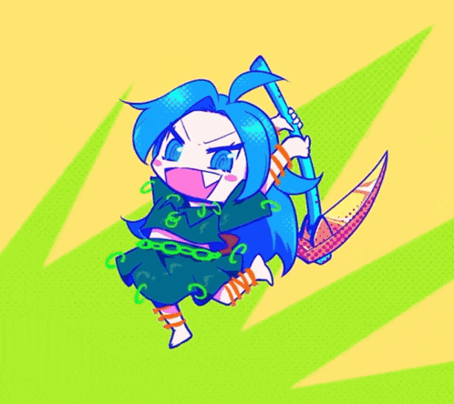 a cartoon drawing of a girl with blue hair holding a sword