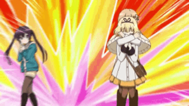 two anime girls are standing next to each other with their arms crossed in front of a colorful background .