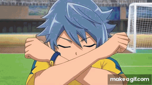 a blue haired anime character is covering his face with his arms