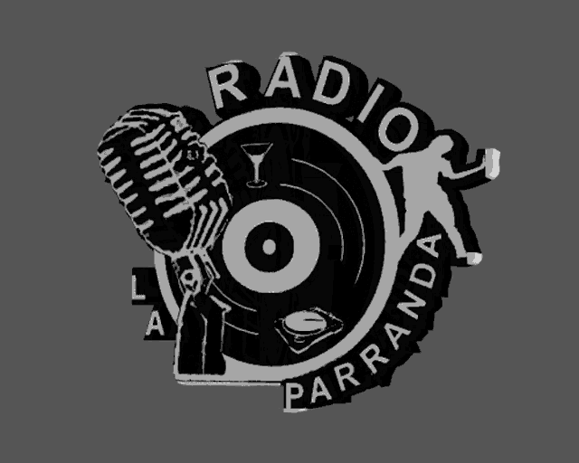 a logo for radio parranda shows a microphone a record and a drink