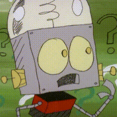 a cartoon drawing of a robot with a question mark behind it