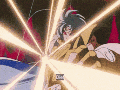 a cartoon character is being struck by a beam of light and says " die "