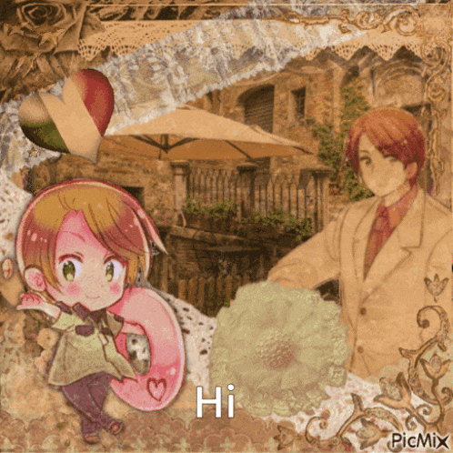 a picture of two anime characters says hi on the bottom right