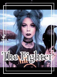 a woman with blue hair is holding a black bird and the words the fighter are above her