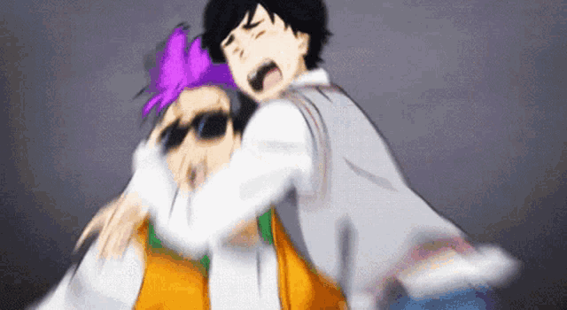 two anime characters are hugging each other and one has a purple hair .