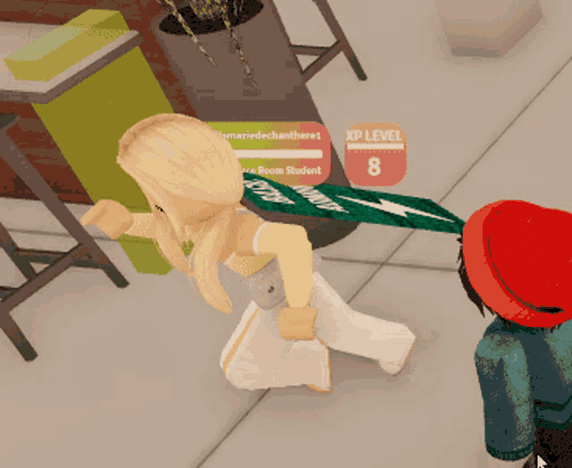 a girl holding a sign that says xp level 8 on it