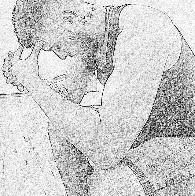 a black and white drawing of a man kneeling down with his hands on his head .