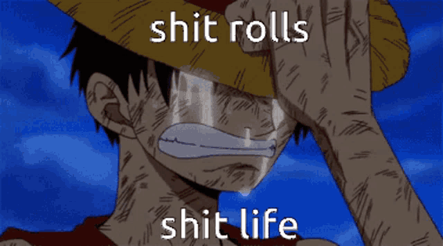 a man in a straw hat is crying with the words " shit rolls shit life " above him