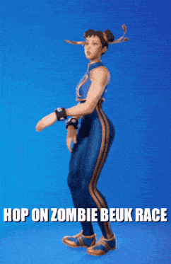 a video game character with the words hop on zombie beuk race on the bottom
