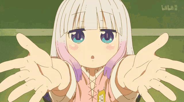 a girl with white hair and pink highlights is reaching out her hands