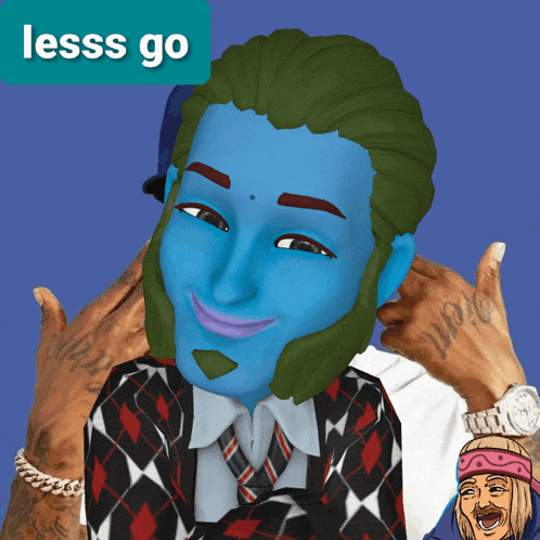 a man with blue hair and a green beard has the words lesss go above him