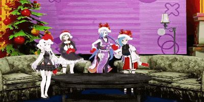 a group of anime characters wearing santa hats are standing around a table in front of a christmas tree