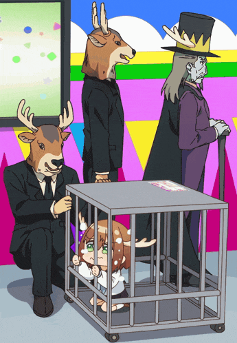 a man with a deer head is holding a cage with a girl inside of it