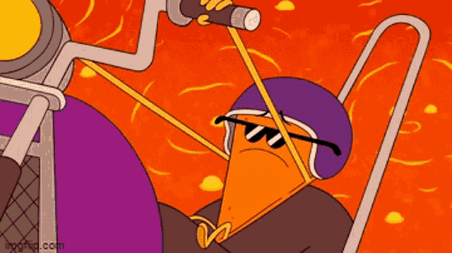 a cartoon character is wearing sunglasses and a helmet while riding a motorcycle