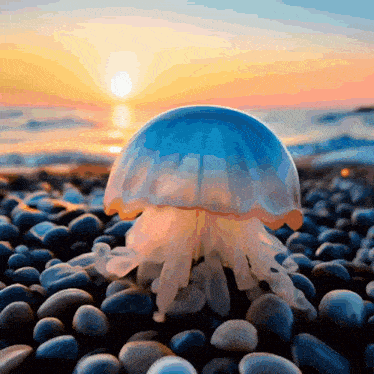 a painting of a jellyfish on a rocky beach with the sun setting in the background