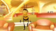 a cartoon bee is standing in a living room next to chairs .