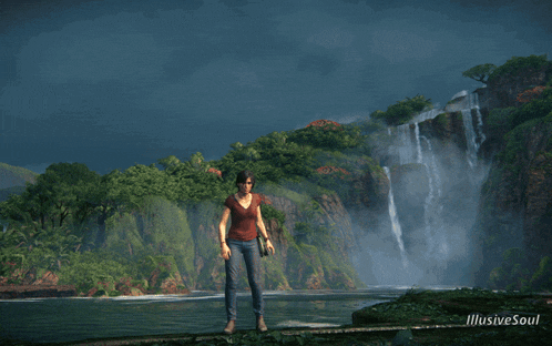 a woman is standing in front of a waterfall and the words illusive soul are on the bottom