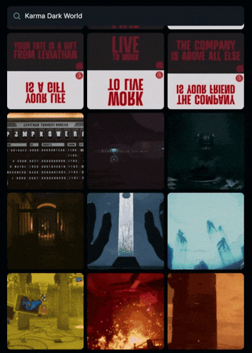 a grid of images with the words karma dark world on the top