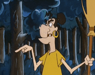a cartoon character in a yellow shirt is pointing to something