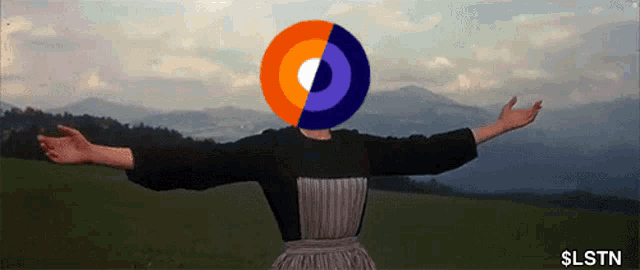 a woman with a circle on her head stands in a field with her arms outstretched and the words slstn below her