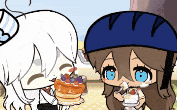 a cartoon girl wearing a blue helmet is holding a pancakes