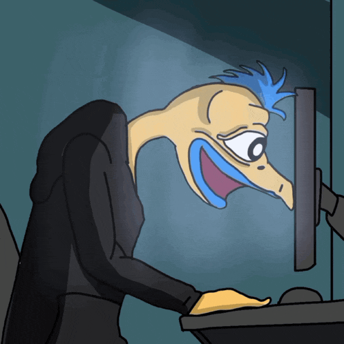 a cartoon duck with blue hair is looking at a computer monitor