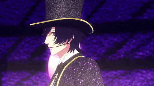 a man wearing a top hat and a microphone is standing in front of a purple background