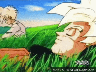 two cartoon characters are laying in the grass with the words make gifs at gifsoup.com
