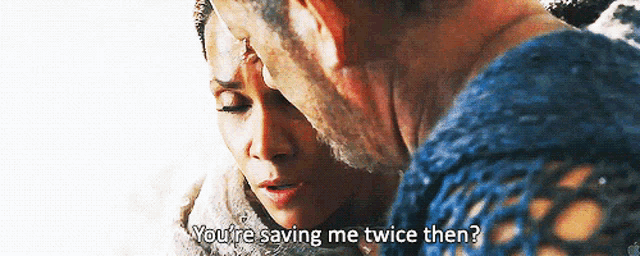 a man and woman are looking at each other and the man is asking the woman if she is saving him twice