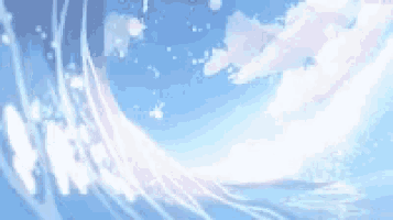a blue sky with white clouds and a wave in the foreground