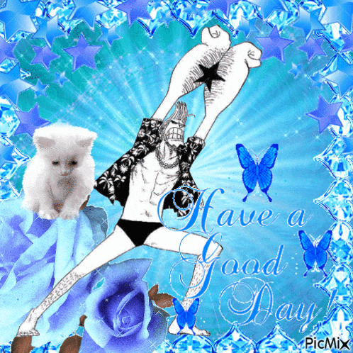 a have a good day greeting card with franky and a white kitten