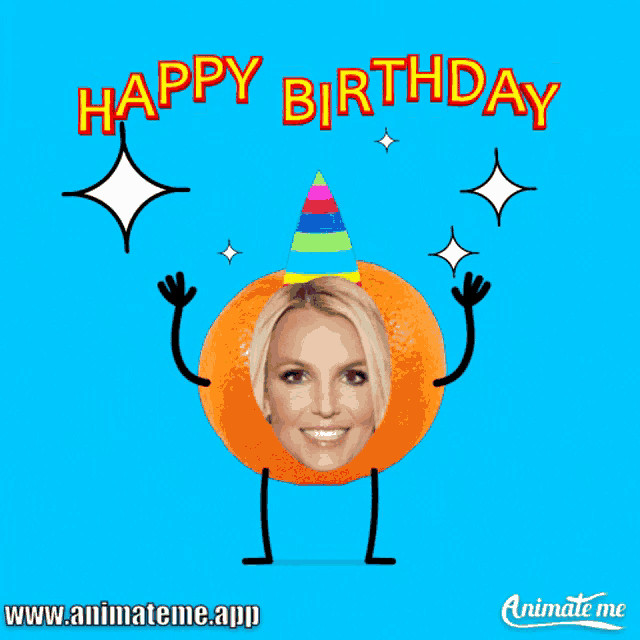 britney spears wearing an orange with arms and legs and a birthday hat