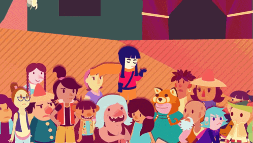 a group of cartoon characters are gathered in a room
