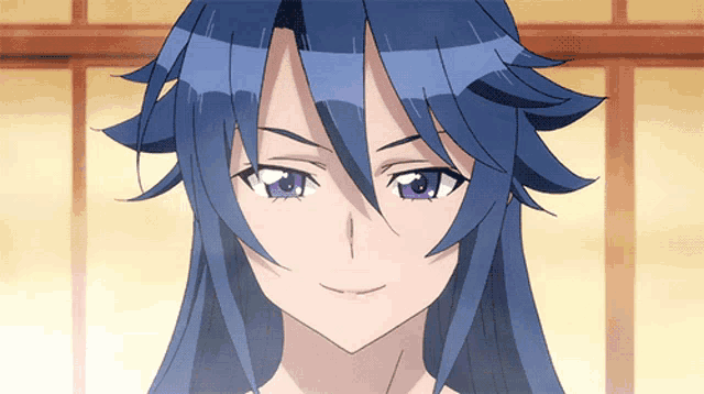 a close up of a girl with long blue hair