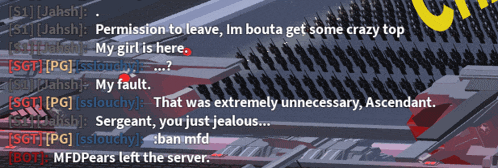 a screenshot of a video game where someone says permission to leave