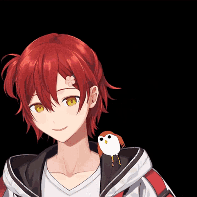 a girl with red hair has a flower in her hair and a small bird on her shoulder