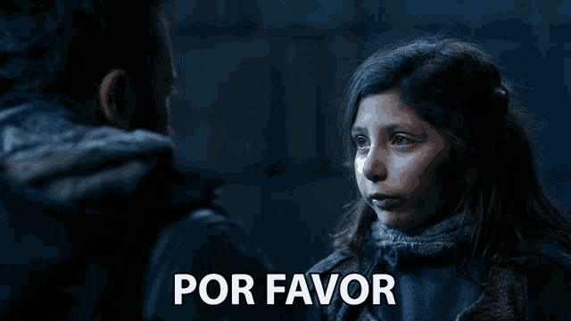 a man and a girl are looking at each other with the words por favor in the corner