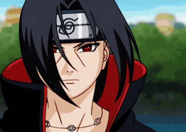 a close up of a cartoon character with red eyes and a headband