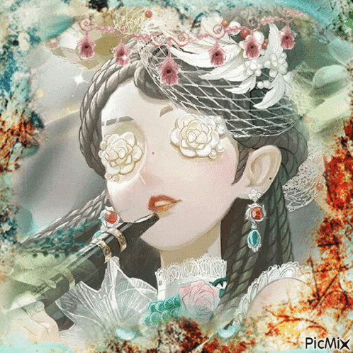 a painting of a woman with flowers on her eyes and the words picmix on the bottom right