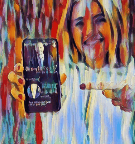 a painting of a woman smoking a cigar and holding a cell phone