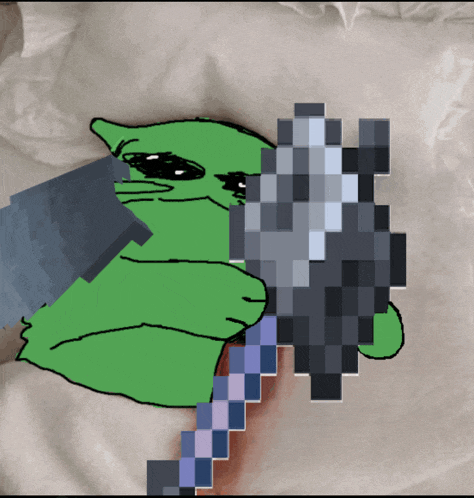 a drawing of a green frog holding a pixelated sword