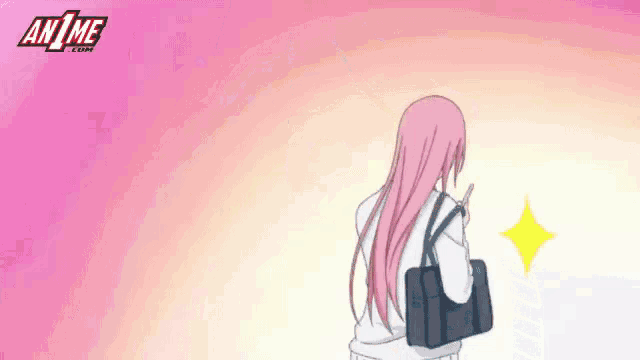 a girl with long pink hair is holding a red stick in front of a pink circle .
