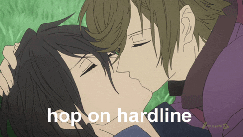 a couple of anime characters kissing with the words hop on hardline above them